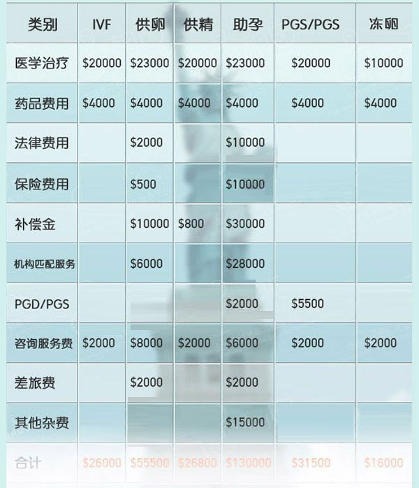 美国试管婴儿价格表