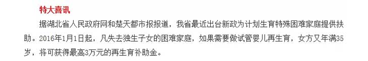 湖北实施试管婴儿补贴政策
